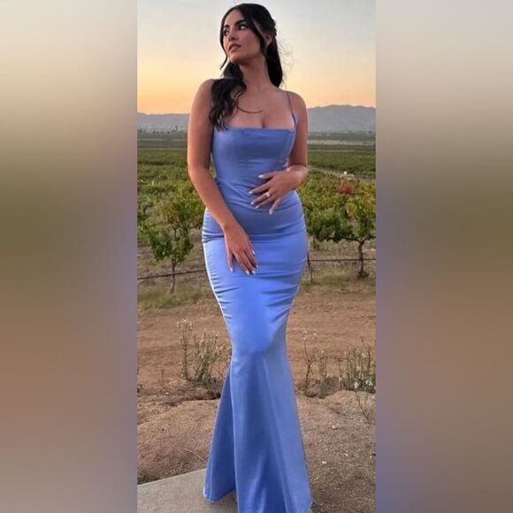 NWT House Of Cb Olivette Periwinkle Satin Maxi Blue Dress Corset Size XS - Picture 8 of 16